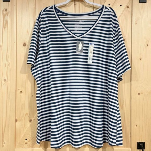 New: 3X Women's Navy & White Striped Long V-Neck Tee - Picture 1 of 2